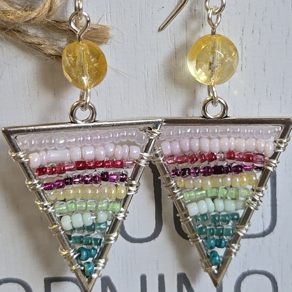 Vibrant Multicolor Beaded Triangle Earrings - Picture 2 of 6
